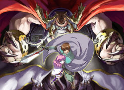 Rule 34 | 1boy, 1girl, armor, blue eyes, boots, brown eyes, brown hair, cape, claws, cuffs, extra arms, fingernails, from above, glowing, glowing eyes, grin, holding, horns, kayblis, kichikuou rance, monster, multi arm, multi limb, perspective, pink hair, purple thighhighs, rance, rance (series), scared, sharp fingernails, sharp teeth, sill plain, smile, sword, tamago (pixiv17968), teeth, thighhighs, torinoko tamago, weapon