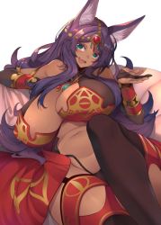 Rule 34 | 1girl, animal ears, bare shoulders, breasts, curvy, dark-skinned female, dark skin, fang, fate/grand order, fate (series), female focus, green eyes, head chain, huge breasts, jewelry, kamaboko (ossann0125), long hair, looking at viewer, navel, open mouth, purple hair, queen of sheba (fate), simple background, sitting, smile, solo, thighhighs, white background, wide hips