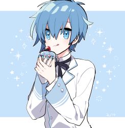 Rule 34 | 1boy, black bow, black bowtie, blue background, blue eyes, blue hair, blue nails, bow, bowtie, commentary, food, formal, fruit, holding, holding food, kaito (vocaloid), looking at viewer, male focus, nail polish, solo, strawberry, suit, upper body, vocaloid, white suit, yoshiki