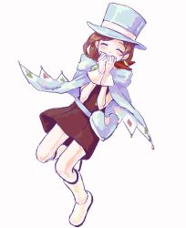 Rule 34 | 1girl, ace attorney, belt pouch, blue cape, blue headwear, boots, brooch, brown dress, brown hair, cape, closed eyes, club (shape), diamond (shape), diamond earrings, dress, earrings, facing viewer, full body, gem, gloves, green gemstone, hands on own face, hands up, hat, heart, highres, jewelry, knee boots, pouch, print cape, red scarf, renshu usodayo, scarf, short dress, short hair, simple background, single earring, smile, solo, spade (shape), swept bangs, top hat, trucy wright, white background, white footwear, white gloves
