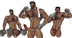 Rule 34 | 1boy, abs, bandaged hand, bandages, beard, black hair, brown hair, castlevania: nocturne, castlevania (series), clenched hands, completely nude, cropped jacket, dark-skinned male, dark skin, dumbbell, erection, facial hair, full beard, hairy, highres, jackray85674939, large pectorals, large penis, male focus, mature male, mizrak (castlevania), muscular, muscular male, navel, navel hair, nipples, nude, pectorals, penis, punching, short hair, sparse arm hair, sparse leg hair, sparse navel hair, standing, stomach, sweat, thick chest hair, thick eyebrows, thick mustache, thick thighs, thighs, uncensored, very short hair, very sweaty
