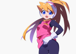 Rule 34 | 1girl, blonde hair, blue eyes, bodystocking, breasts, ciel (mega man), clothes lift, female focus, gloves, hair between eyes, hand on own hip, helmet, kaidou zx, lifting own clothes, long hair, looking at viewer, mega man (series), mega man zero (series), no panties, open mouth, pink skirt, pink vest, ponytail, simple background, skirt, skirt lift, small breasts, smile, solo, swept bangs, very long hair, vest, white background, white gloves