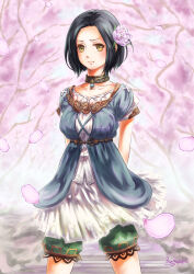 Rule 34 | 1girl, 2020, :t, adventurer (ff11), arms behind back, artist name, black choker, black hair, breasts, cherry blossoms, choker, closed mouth, collarbone, dated, falling petals, final fantasy, final fantasy xi, flower, frown, green shorts, hair flower, hair ornament, hume, legs apart, medium breasts, morere, petals, purple flower, short hair, shorts, signature, solo, standing, yellow eyes