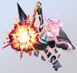 Rule 34 | 1girl, ahoge, ballistic shield, benelli m1 super 90, black skirt, blue archive, blue eyes, blue footwear, blue necktie, character name, chest harness, collared shirt, commission, explosion, firing, full body, gun, halo, harness, heterochromia, highres, holding, holding gun, holding weapon, hoshino (blue archive), id card, long sleeves, looking at viewer, necktie, orange eyes, pinion, pink hair, pixiv commission, plaid, plaid skirt, riot shield, shield, shirt, shoes, shotgun, shotgun shell, skirt, smile, sneakers, solo, weapon, white legwear, white shirt
