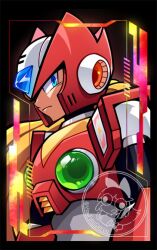 Rule 34 | 1boy, android, armor, artist logo, blonde hair, chest jewel, commentary request, forehead jewel, from side, helmet, long hair, looking at viewer, male focus, mega man (series), mega man x (series), red armor, red helmet, shoulder armor, solo, upper body, yanfiregreen, zero (mega man)