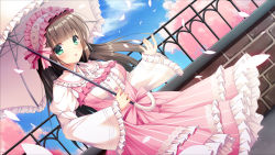 Rule 34 | 1girl, blue sky, blunt bangs, blush, breasts, brick wall, brown hair, center frills, cherry blossoms, cloud, collared shirt, day, dress, dutch angle, fence, fingernails, flower, frilled dress, frilled hairband, frilled shirt collar, frilled sleeves, frilled umbrella, frills, fujikura ryuune, green eyes, hairband, hand up, holding, holding umbrella, juliet sleeves, lolita fashion, long hair, long sleeves, looking at viewer, medium breasts, original, outdoors, parted lips, petals, pink dress, pink flower, puffy sleeves, shirt, sky, sleeveless, sleeveless dress, sleeves past wrists, solo, striped clothes, striped dress, sweet lolita, umbrella, vertical-striped clothes, vertical-striped dress, very long hair, white hairband, white shirt, white umbrella, wide sleeves