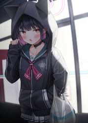 Rule 34 | 1girl, absurdres, animal hood, black choker, black hair, black hoodie, blue archive, blush, choker, collarbone, colored inner hair, commentary request, cowboy shot, halo, hand in pocket, hand up, highres, hood, hood up, hoodie, kazusa (blue archive), long sleeves, looking at viewer, multicolored hair, neckerchief, open mouth, orange eyes, outdoors, pink hair, pink halo, pink neckerchief, pleated skirt, pluto (97dwnstjq), school uniform, serafuku, short hair, skirt, sleeves past wrists, solo, sweatdrop, white skirt