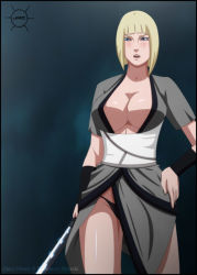 Rule 34 | blonde hair, blue eyes, breasts, cleavage, hand on own hip, jose manuel, large breasts, naruto (series), naruto shippuuden, open mouth, samui (naruto), short hair, sword, weapon