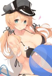 Rule 34 | 1girl, anchor hair ornament, ball, bare arms, beachball, bikini, black bikini, blonde hair, blush, breasts, cleavage, collarbone, commentary request, cowboy shot, green eyes, hair between eyes, hair ornament, hair over shoulder, hat, highres, kagerou (shadowmage), kantai collection, large breasts, lips, long hair, looking at viewer, military hat, navel, peaked cap, prinz eugen (kancolle), side-tie bikini bottom, simple background, sitting, smile, solo, swimsuit, twintails, v, white background