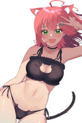 Rule 34 | 1girl, absurdres, ahoge, animal ears, arm behind back, bell, black choker, breasts, cat cutout, cat ear panties, cat ears, cat lingerie, cat tail, choker, cleavage, cleavage cutout, clothing cutout, cowboy shot, dutch angle, green eyes, hair ornament, hairclip, highres, hololive, jingle bell, large breasts, medium hair, melow menow, meme attire, navel, neck bell, one side up, open mouth, panties, pink hair, sakura miko, side-tie panties, simple background, smile, solo, string panties, tail, thigh gap, underwear, underwear only, v, virtual youtuber, white background, wind