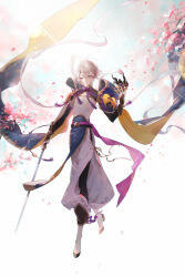 Rule 34 | 1boy, bishounen, blue eyes, branch, chinese clothes, closed mouth, detached sleeves, expressionless, eye mask, eyokiki, falling petals, fate/grand order, fate (series), flower, gold trim, hair between eyes, highres, holding, holding mask, holding sword, holding weapon, horned mask, jian (weapon), long sleeves, looking at viewer, magatama, male focus, mask, petals, pink flower, prince of lan ling (fate), solo, sword, tassel, unworn mask, weapon