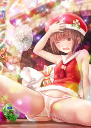Rule 34 | 10s, 1girl, arm support, ass, bare shoulders, box, breasts, brick wall, brown eyes, brown hair, chimney, christmas tree, dated, e snow jp, gift, gift box, indoors, kantai collection, light particles, looking down, one eye closed, open mouth, panties, panty pull, partially visible vulva, shirt, short hair, signature, sitting, sleeveless, sleeveless shirt, small breasts, spoken squiggle, spread legs, squiggle, thighs, underwear, wavy mouth, white panties, z3 max schultz (kancolle)