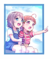 Rule 34 | 10s, 2girls, :d, :o, aged down, ahoge, blue border, blue eyes, border, child, cloud, cloudy sky, grey hair, hair ornament, hairpin, holding own arm, kanabun, love live!, love live! sunshine!!, multiple girls, open mouth, orange hair, outside border, overalls, pointing, red eyes, shirt, short hair, short sleeves, sitting, sky, smile, striped clothes, striped shirt, suspenders, takami chika, watanabe you, white border