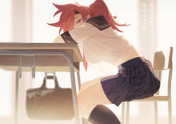 Rule 34 | 1girl, bag, black sailor collar, black socks, blue eyes, breasts, chair, commentary request, copyright request, from side, hair over one eye, highres, indoors, kneehighs, long hair, looking at viewer, necktie, pleated skirt, ponytail, red hair, red necktie, sailor collar, school uniform, serafuku, shipl, shirt, short sleeves, sitting, skirt, socks, solo, table, translation request, white shirt