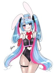 Rule 34 | animal ear headwear, animal ears, black leotard, blue eyes, blue hair, bow, bowtie, clothing cutout, fake animal ears, fishnet pantyhose, fishnets, hair ribbon, hatsune miku, highres, holding, holding own hair, leotard, long hair, looking at viewer, multicolored hair, navel cutout, necktie, pantyhose, pinartroom, pink hair, playboy bunny, rabbit ears, rabbit hole (vocaloid), red bow, red bowtie, red necktie, red ribbon, ribbon, signature, simple background, standing, streaked hair, thighlet, tongue, tongue out, two-tone hair, very long hair, vocaloid, white background