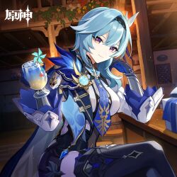 Rule 34 | 1girl, absurdres, black gloves, black hairband, black thighhighs, blue hair, blue necktie, blush, breasts, commentary request, cup, cupping glass, eula (genshin impact), genshin impact, gloves, hair between eyes, hair ornament, hairband, highres, holding, holding cup, indoors, juliet sleeves, large breasts, long sleeves, looking at viewer, medium breasts, medium hair, necktie, puffy sleeves, shirt, short hair, sitting, smile, solo, thighhighs, thighs, white shirt, wide sleeves, yellow eyes