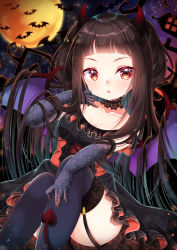 Rule 34 | 1girl, animal, bat (animal), black dress, black hair, black thighhighs, blurry, blurry background, blush, breasts, cleavage, collarbone, commentary request, demon girl, demon horns, demon tail, demon wings, depth of field, dress, elbow gloves, fang, feet out of frame, full moon, garter straps, gloves, halloween, hand up, highres, horns, knees up, lace, lace-trimmed legwear, lace gloves, lace trim, long hair, looking at viewer, medium breasts, mirai (happy-floral), moon, night, night sky, original, outdoors, parted lips, purple gloves, purple wings, red eyes, sitting, sky, solo, tail, thighhighs, v-shaped eyebrows, very long hair, wings