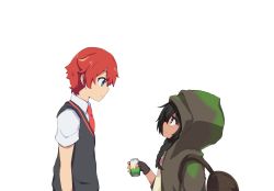 Rule 34 | 10s, 1boy, anoshiras ii, backpack, bag, black gloves, black hair, blonde hair, blue eyes, braid, collared shirt, commentary request, dark skin, fingerless gloves, gloves, green jacket, gridman universe, hibiki yuuta, highres, holding, hood, hood up, hooded jacket, jacket, long hair, looking at another, low twintails, necktie, open clothes, open jacket, red eyes, red hair, red neckwear, robert m, school uniform, shirt, short sleeves, soda, ssss.gridman, twin braids, twintails, waistcoat, white shirt, wing collar