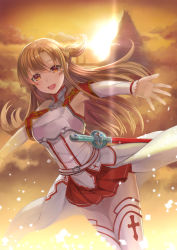 Rule 34 | 10s, 1girl, :d, asuna (sao), brown eyes, brown hair, detached sleeves, highres, long hair, looking at viewer, mizuya nao, open mouth, outstretched arms, red skirt, skirt, smile, solo, sunset, sword, sword art online, tears, thighhighs, weapon, white thighhighs