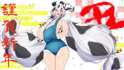 Rule 34 | 1girl, animal ears, animal print, areola slip, black hair, breasts, cow ears, cow horns, cow print, cow print bikini, detached sleeves, gigantic breasts, highres, horns, huge breasts, long hair, looking at viewer, multicolored hair, open mouth, original, overalls, print bikini, purple eyes, smile, solo, standing, toudori, twintails, very long hair, white hair