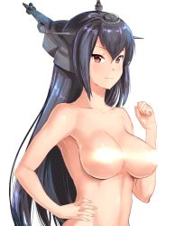 Rule 34 | 10s, 1girl, black hair, breasts, censored, hair between eyes, hand on own hip, headgear, kantai collection, large breasts, long hair, looking at viewer, mushi gyouza, nagato (kancolle), censored nipples, nude, red eyes, simple background, smile, solo, upper body, white background