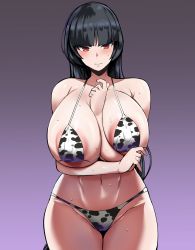 Rule 34 | 1girl, animal print, areola slip, arm between breasts, armpit crease, bare arms, bare shoulders, bikini, black bikini, black hair, blunt bangs, blush, breast hold, breasts, cleavage, closed mouth, collarbone, cow print, cowboy shot, creatures (company), frown, game freak, groin, gym leader, hand on own chest, hand up, highres, hip focus, large breasts, long hair, looking at viewer, megao 3rd, navel, nervous, nintendo, pokemon, pokemon frlg, print bikini, purple background, red eyes, sabrina (pokemon), solo, sweat, swimsuit, very long hair, white bikini