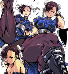 Rule 34 | 1girl, blue dress, boots, bracelet, breasts, brown eyes, brown hair, brown pantyhose, bun cover, capcom, china dress, chinese clothes, chun-li, commentary request, covered erect nipples, crossed legs, double bun, dress, earrings, flexible, gold trim, hair bun, jewelry, kamisimo 90, kneepits, large breasts, lipstick, looking at viewer, makeup, medium breasts, multiple views, open mouth, pantyhose, pelvic curtain, puffy sleeves, sash, short sleeves, simple background, smile, spiked bracelet, spikes, standing, standing on one leg, street fighter, thighs