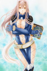 1girl aqua_background bad_id bad_pixiv_id belt bodysuit book breasts brown_hair center_opening cleavage colored_pencil_(medium) corrupted_metadata female_focus glasses hair_intakes juliejulie large_breasts long_hair marker_(medium) midriff presa_(tales) solo tail tales_of_(series) tales_of_xillia thigh_gap traditional_media yellow_eyes