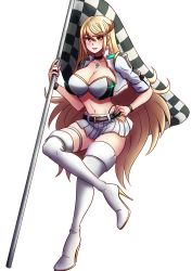 Rule 34 | 1girl, absurdres, alternate costume, blonde hair, boots, breasts, checkered flag, chest jewel, cleavage, flag, high heel boots, high heels, highres, large breasts, long hair, mythra (xenoblade), nintendo, race queen, simple background, solo, swept bangs, thigh boots, thighhighs, very long hair, white background, will (willanator93), xenoblade chronicles (series), xenoblade chronicles 2, yellow eyes