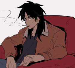 Rule 34 | 1boy, armchair, black eyes, black hair, black shirt, bomber jacket, brown hair, chair, cigarette, closed mouth, commentary request, facial scar, frown, grey pants, highres, inudori, itou kaiji, jacket, kaiji, long hair, long sleeves, looking at viewer, male focus, medium bangs, pants, scar, scar on cheek, scar on ear, scar on face, scar on hand, shirt, sitting, smoking, solo, upper body, white background