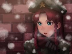 Rule 34 | 1girl, amino (tn7135), bad id, bad pixiv id, beret, black gloves, blush, braid, gloves, green eyes, hat, hong meiling, long hair, open mouth, red hair, red scarf, scarf, snowing, solo, star (symbol), touhou, twin braids, upper body