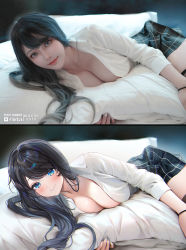 Rule 34 | 1girl, black hair, black nails, black thighhighs, blue eyes, blurry, blurry background, blush, breasts, cleavage, closed mouth, collared shirt, commentary, comparison, cowboy shot, dress shirt, english commentary, hair intakes, highres, hugging object, large breasts, long hair, looking at viewer, lying, machi (7769), mole, mole on breast, multicolored nails, nail polish, on bed, on side, original, partially unbuttoned, photo-referenced, pillow, pillow hug, plaid, plaid skirt, pleated skirt, real life, school uniform, shirt, sidelocks, skirt, sleeves rolled up, smile, solo, swept bangs, thighhighs, thighs, white nails, white shirt, wristband