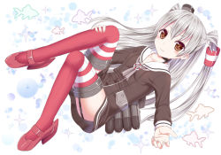 Rule 34 | 10s, 1girl, amatsukaze (kancolle), brown eyes, dress, garter straps, ikeda yuuki, kantai collection, long hair, md5 mismatch, personification, sailor dress, school uniform, serafuku, short dress, silver hair, solo, striped clothes, striped thighhighs, thighhighs, twintails, two side up, zettai ryouiki