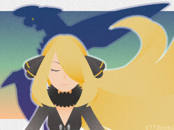 773noki blonde_hair closed_eyes coat creatures_(company) cynthia_(pokemon) fur-trimmed_coat fur_trim game_freak garchomp gen_4_pokemon hair_over_one_eye highres long_hair nintendo pokemon pokemon_(creature) pokemon_dppt silhouette twitter_username very_long_hair