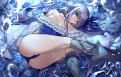 Rule 34 | 1girl, air bubble, armor, ass, bad id, bad twitter id, bare shoulders, blue eyes, blue one-piece swimsuit, blue ribbon, breasts, bubble, choker, cleavage, fate/grand order, fate (series), frilled one-piece swimsuit, frills, greaves, hair between eyes, hair ribbon, highleg, highleg swimsuit, long hair, long sleeves, looking at viewer, lying, medium breasts, meltryllis, meltryllis (fate), meltryllis (swimsuit lancer) (fate), meltryllis (swimsuit lancer) (second ascension) (fate), on side, one-piece swimsuit, puffy sleeves, purple hair, ribbon, sleeves past fingers, sleeves past wrists, solo, sora 72-iro, swimsuit, thighs, underwater, very long hair