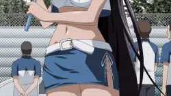Rule 34 | 1girl, animated, belt, breasts, cleavage, closed eyes, hair over one eye, holding, holding umbrella, ikkitousen, kan&#039;u unchou, large breasts, long hair, navel, race queen, skirt, umbrella, unconscious, very long hair