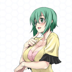 Rule 34 | 10s, 1girl, bra, breast hold, breasts, cleavage, glasses, green eyes, green hair, infinite stratos, large breasts, lingerie, matching hair/eyes, open mouth, satou atsuki, short hair, solo, underwear, yamada maya (infinite stratos)