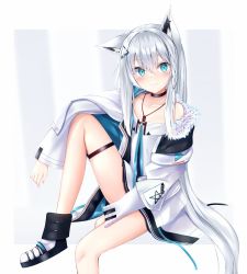 Rule 34 | 1girl, animal ears, bare shoulders, black choker, blush, boots, braid, choker, collarbone, commentary request, dog tags, earrings, fox ears, fox girl, fur-trimmed jacket, fur trim, green eyes, hair between eyes, hair ornament, highres, hololive, jacket, jewelry, knee up, lifrene, long hair, long sleeves, looking at viewer, open clothes, open jacket, pentagram, shirakami fubuki, shirakami fubuki (fubukitek), sidelocks, simple background, single braid, sitting, smile, solo, virtual youtuber, white background, white hair, white jacket