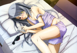 Rule 34 | 10s, 1girl, absurdres, bloomers, breasts, camisole, chemise, cleavage, eyepatch, unworn eyepatch, heterochromia, highres, infinite stratos, laura bodewig, legs, lying, non-web source, nyantype, official art, on bed, on side, pajamas, photo (object), red eyes, shorts, silver hair, small breasts, solo, strap slip, underwear, yellow eyes
