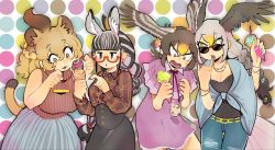 Rule 34 | 4girls, ahoge, alternate costume, alternate hairstyle, animal ears, bald eagle (kemono friends), bare arms, bare shoulders, bespectacled, bird tail, bird wings, black hair, blonde hair, blunt bangs, braid, brown hair, buttons, casual, cat girl, collared shirt, commentary request, constricted pupils, contemporary, denim, dress, failure, fang, fingernails, flower, food, french braid, glasses, green nails, grey hair, hair between eyes, hair flower, hair ornament, hands up, head wings, high-waist skirt, highres, holding, holding food, ice cream, ice cream cone, igarashi (nogiheta), jeans, kemono friends, licking, licking finger, light brown hair, lion (kemono friends), lion ears, lion girl, lion tail, long hair, long sleeves, looking at another, looking down, medium hair, multicolored hair, multiple girls, nail polish, northern goshawk (kemono friends), open mouth, orange eyes, orange hair, pants, parted lips, plaid, plaid shirt, plains zebra (kemono friends), purple nails, red-framed eyewear, red nails, semi-rimless eyewear, shirt, short dress, single braid, skirt, sleeveless, sleeveless sweater, sleeveless turtleneck, smile, sweater, tail, tareme, tongue, tongue out, tsurime, turtleneck, turtleneck sweater, two-tone hair, under-rim eyewear, very long hair, wing collar, wings, zebra ears