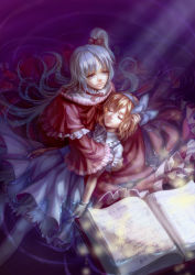 Rule 34 | 2girls, absurdres, alice margatroid, alice margatroid (pc-98), asymmetrical hair, blonde hair, blue bow, book, bow, capelet, closed eyes, collared shirt, crying, crying with eyes open, dress, eyelashes, frills, from above, grey eyes, hair between eyes, hair bow, hair ornament, hairband, hand on another&#039;s head, hexagram, high collar, highres, holding person, jewelry, lips, long hair, long sleeves, lying, multiple girls, parted bangs, pinafore dress, popped collar, puffy short sleeves, puffy sleeves, realistic, red dress, red ribbon, ribbon, shinki (touhou), shirt, short hair, short sleeves, silver hair, sleeveless, sleeveless dress, star of david, tears, thighhighs, touhou, touhou (pc-98), unconscious, very long hair, water, white legwear, wide sleeves, windyakuma