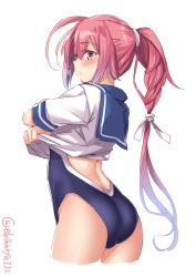 Rule 34 | 1girl, ahoge, arched back, ass, blush, bow, butt crack, cowboy shot, ebifurya, from side, hair bow, hair ribbon, highres, i-168 (kancolle), kantai collection, long hair, looking at viewer, low ponytail, one-piece swimsuit, pink hair, ponytail, red hair, ribbon, school swimsuit, school uniform, serafuku, short sleeves, simple background, solo, swimsuit, swimsuit under clothes, thighs, twitter username, undressing, very long hair, white background