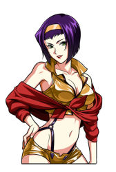 Rule 34 | 1990s (style), 1girl, bob cut, breasts, cleavage, cowboy bebop, faye valentine, green eyes, hairband, halterneck, hand on own hip, hip focus, lipstick, makeup, mayumio88, navel, purple hair, retro artstyle, shorts, simple background, sleeves rolled up, solo, white background