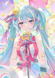 Rule 34 | 1girl, balloon, bare shoulders, blue eyes, blue hair, blush, breasts, closed mouth, collared dress, commentary, dress, english commentary, gloves, hair between eyes, hair ornament, hatsune miku, head tilt, headphones, headset, highres, holding, holding microphone stand, long hair, looking at viewer, medium breasts, microphone, microphone stand, multicolored hair, ouu min, red gloves, sleeveless, sleeveless dress, smile, solo, star (symbol), star hair ornament, streaked hair, twintails, very long hair, vocaloid, white dress, white hair