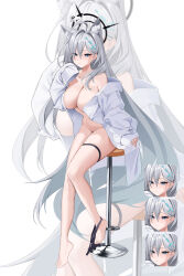 Rule 34 | 1girl, absurdres, ahoge, animal ear fluff, animal ears, black panties, blue archive, blue eyes, blush, breasts, chair, cleavage, closed mouth, collarbone, collared shirt, cross hair ornament, dark halo, full body, grey hair, hair ornament, halo, highres, large breasts, long hair, long sleeves, multiple views, nacho (nacho 1103), open clothes, open shirt, panties, panties around leg, shiroko (blue archive), shiroko terror (blue archive), shirt, simple background, sitting, underwear, white background, white shirt, wolf ears, zoom layer