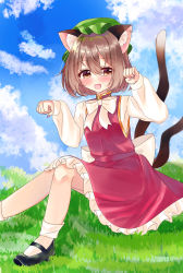 Rule 34 | 1girl, :d, absurdres, animal ear fluff, animal ears, black footwear, blue sky, blush, bow, bowtie, brown eyes, brown hair, cat ears, cat tail, chen, cloud, day, earrings, fang, foot out of frame, grass, green hat, hat, highres, huako31, jewelry, long sleeves, mary janes, mob cap, multiple tails, nekomata, open mouth, outdoors, paw pose, red skirt, red vest, shirt, shoes, short hair, single earring, sitting, skirt, skirt set, sky, smile, socks, solo, tail, touhou, vest, white bow, white shirt, white socks