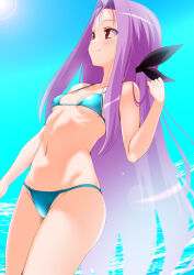 Rule 34 | 1girl, bare shoulders, bikini, breasts, engo (aquawatery), forehead, highres, long hair, lutecia alpine, lyrical nanoha, navel, parted bangs, purple hair, red eyes, sidelocks, small breasts, smile, swimsuit, thighs
