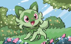 Rule 34 | blue sky, bush, cat, commentary, creatures (company), day, english commentary, fangs, full body, game freak, grass, kattenkg, lowres, nintendo, no humans, on grass, open mouth, outdoors, pink eyes, pixel art, pokemon, pokemon (creature), sky, smile, solo, sprigatito, tree