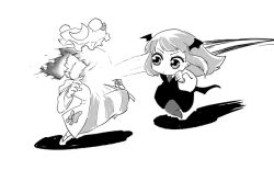 Rule 34 | :/, bat wings, black dress, bow, chibi, clenched hand, collared shirt, crescent, crescent hat ornament, dress, dress shirt, full body, greyscale, hat, hat bow, hat ornament, head wings, in the face, koakuma, long sleeves, mob cap, monochrome, motion blur, motion lines, no nose, o3o, pantyhose, patchouli knowledge, punching, shadow, shirt, sidelocks, simple background, standing, standing on one leg, striped clothes, striped dress, touhou, unnyo8739, v-shaped eyebrows, vertical-striped clothes, vertical-striped dress, white background, white shirt, wide sleeves, wings