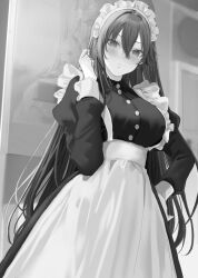 Rule 34 | 1girl, alternate costume, blush, breasts, closed mouth, collared dress, commentary request, dress, enmaided, greyscale, hair between eyes, hamu (plot sy), hand up, highres, indoors, juliet sleeves, large breasts, long hair, long sleeves, looking at viewer, maid, maid headdress, monochrome, original, puffy sleeves, solo, standing, very long hair